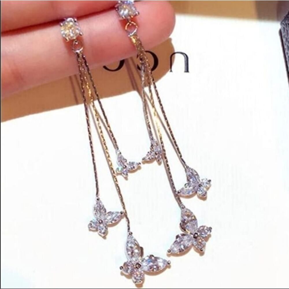 Butterfly White Zircon Dangle  Earrings on 925 Sterling Silver